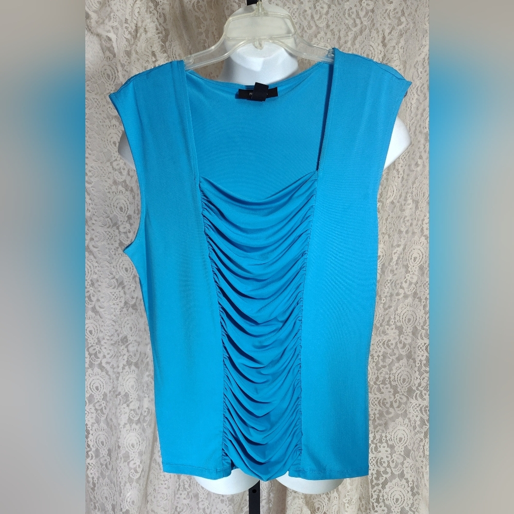 Style & Co Caribbean Blue SL Top Horizonal Accent Pleats Square Neckline NWOT